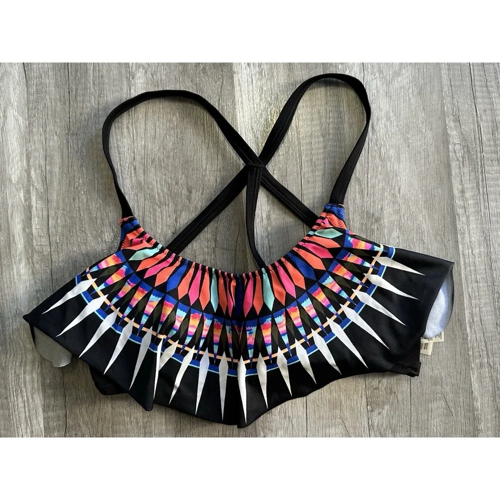 PINK Victoria's Secret Bikini Top Small Black Multicolor Flounce Ruffle Swim Top